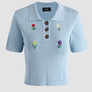 Cider Retro Pale Blue Collar Flowery Crop Embroidery Polo Top